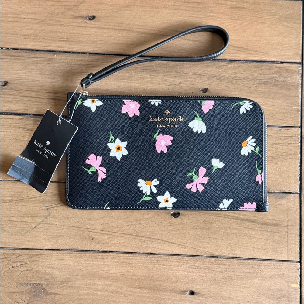 Kate Spade Black Wristlet with Pink and White Floral Pattern